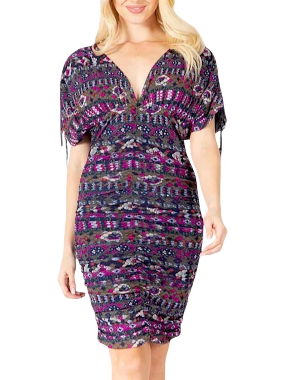 Vertigo Paris Printed The Masai V-Neck Ruched Mesh Bodycon Dress NWT New XS